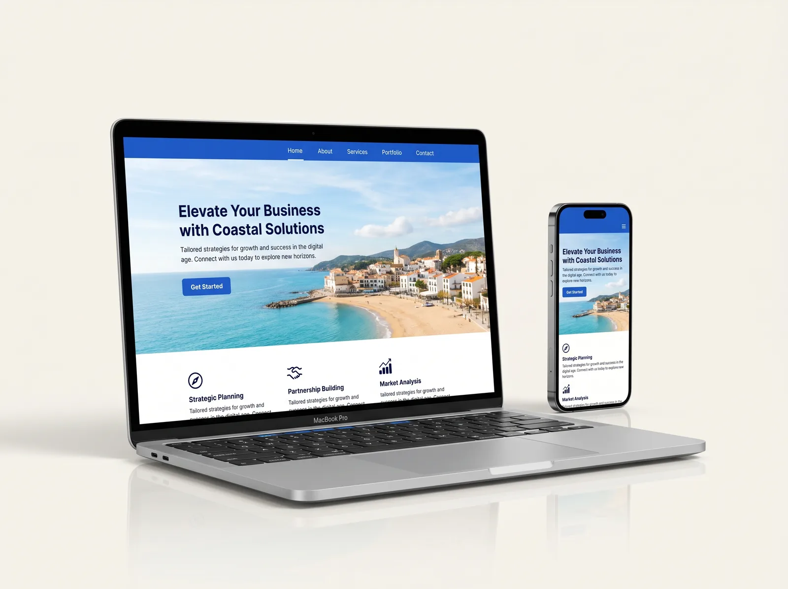 A DevWrangler-built website shown on a laptop and a phone